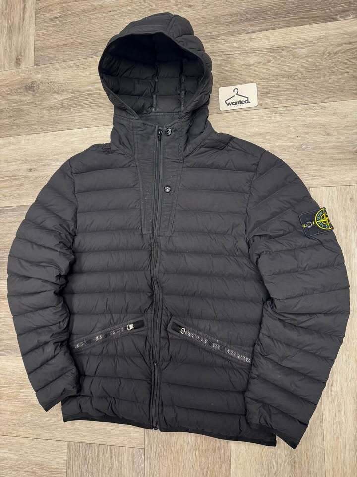 Black Stone Island Loom Woven Down Chambers Stretch Nylon-TC Puffer Coat